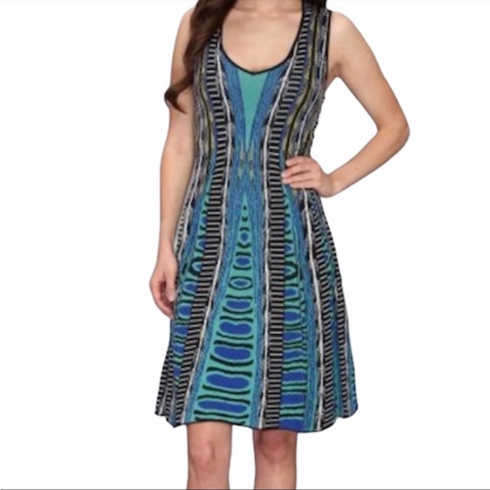 Nic + Zoe Knit Abstract Turquoise Print Dress - Size Petite Small